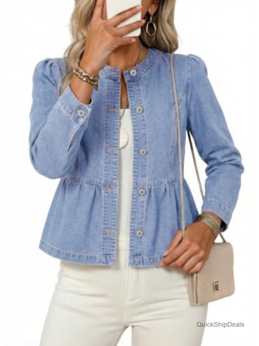Cropped Denim Jacket Button Down Long Sleeve Peplum Ruffle Hem
